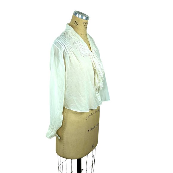 Edwardian white blouse with jabot and open work and handmade lace Size M/L - Picture 9 of 10